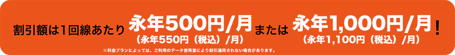 割引額は1回線あたり永年500円/月（永年550円（税込）/月）または永年1,000円/月（永年1,100円（税込）/月）