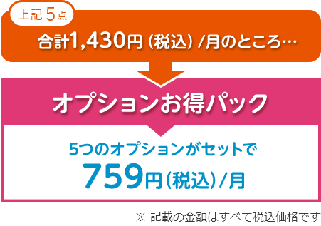 上記5点　月額合計1,430円（税込）のところ・・・オプションお得パック　5つのオプションがセットで月額759円（税込）　※記載の金額はすべて税込価格です