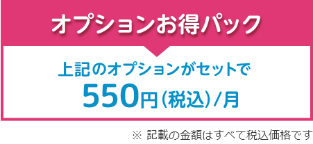 オプションお得パック　上記のオプションがセットで月額550円（税込）　※記載の金額はすべて税込価格です